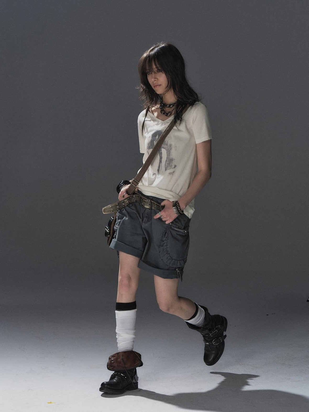 wear And tear Washed Gray Pleated Adjustable Cuff Cargo Rivet Women&