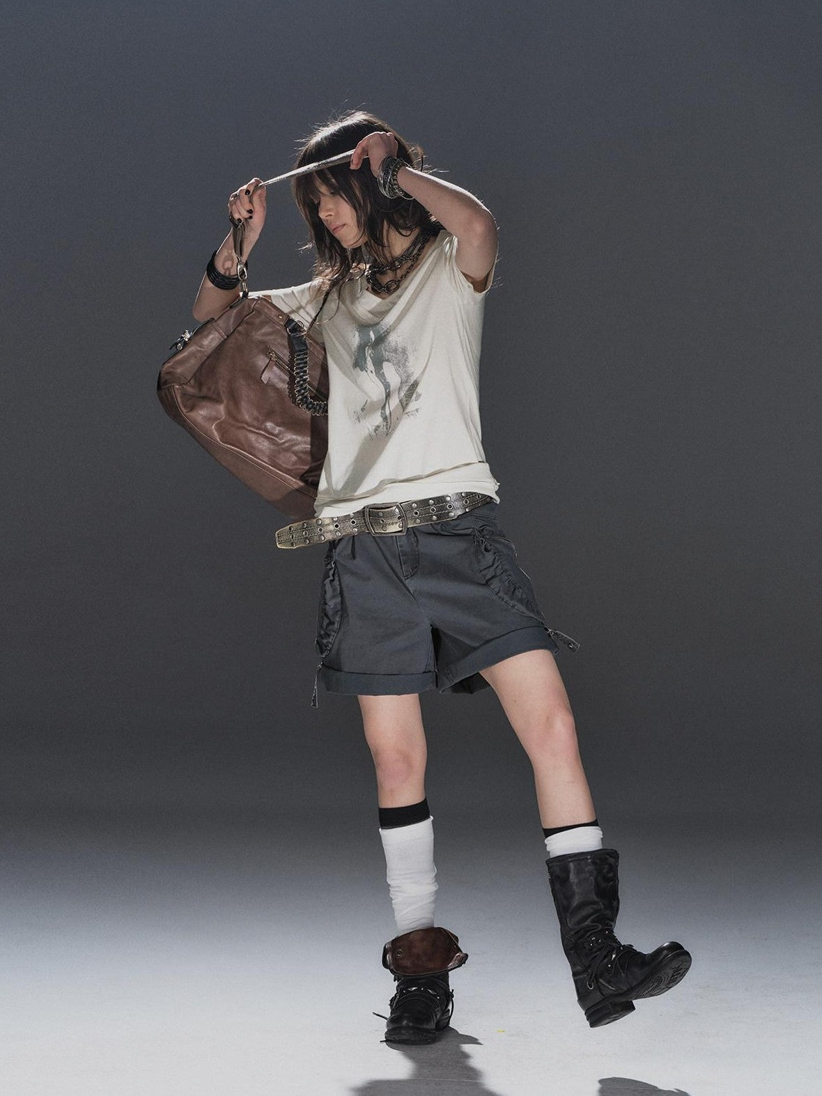 wear And tear Washed Gray Pleated Adjustable Cuff Cargo Rivet Women&