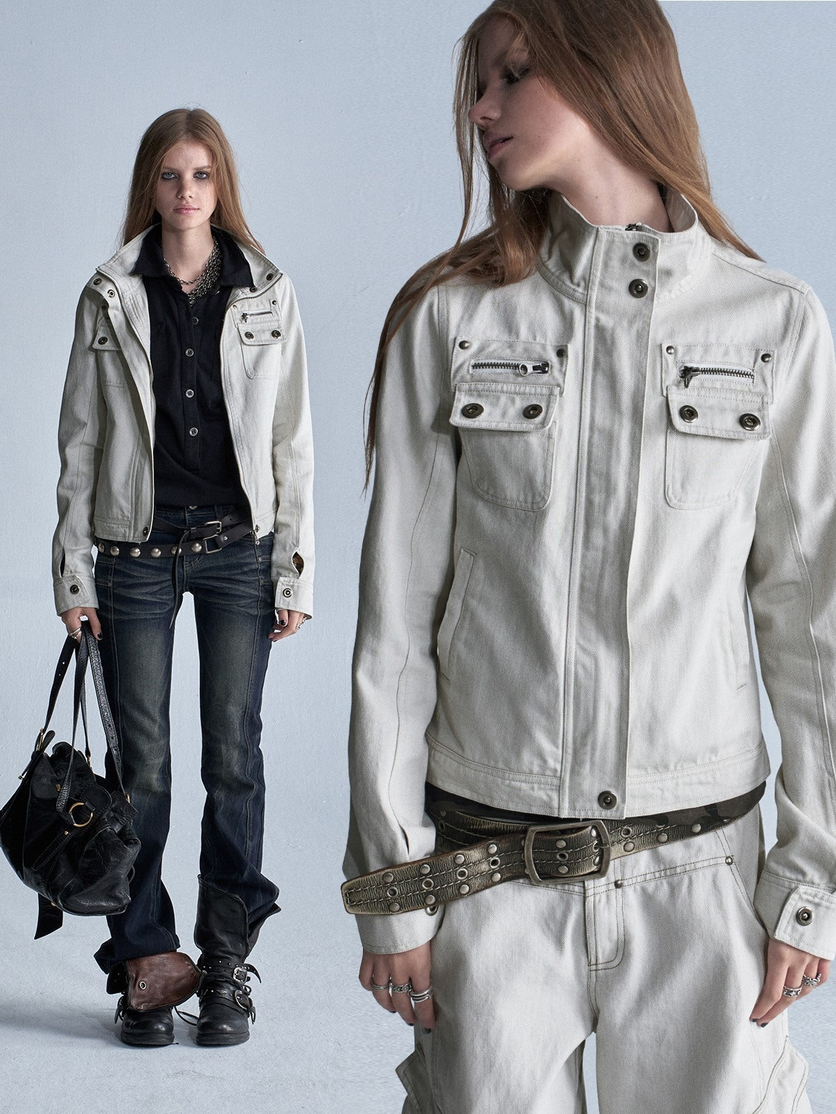 wear_And_tear_Washed_Gray_Stand_Collar_Multi_Pocket_Rivet_Zipper_Women&