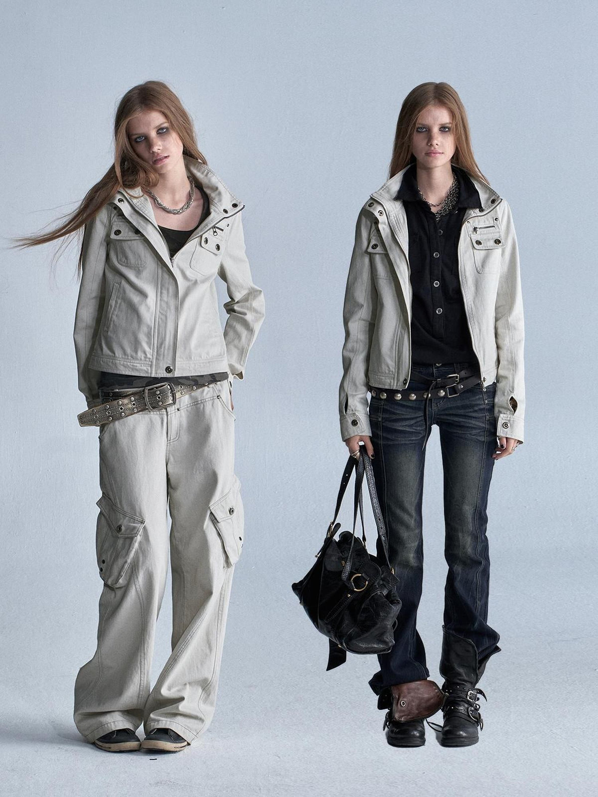 wear And tear Washed Gray Stand Collar Multi Pocket Rivet Zipper Women&
