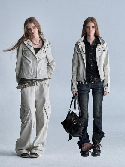 wear And tear Washed Gray Stand Collar Multi Pocket Rivet Zipper Women&