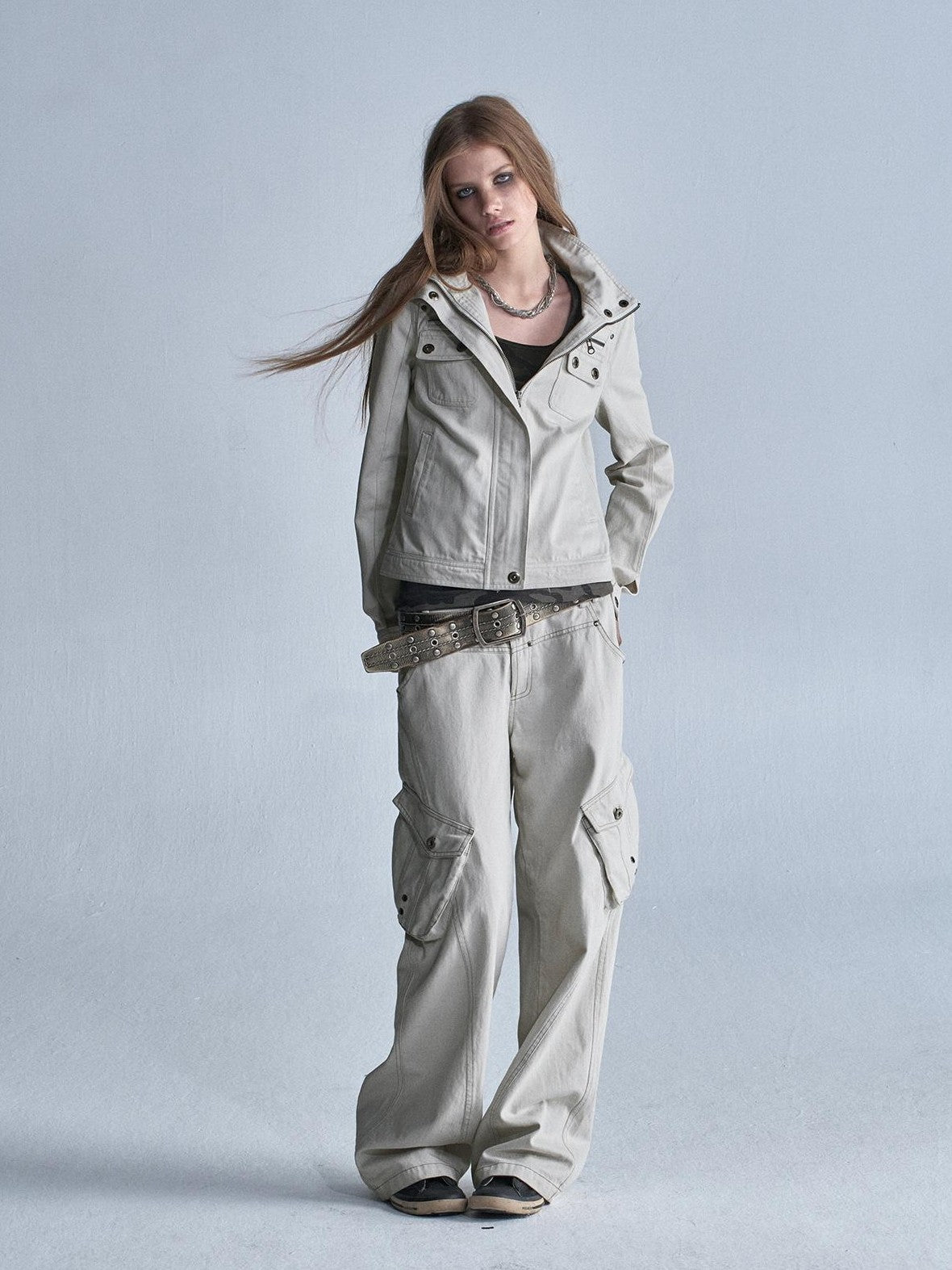wear And tear Washed Gray Stand Collar Multi Pocket Rivet Zipper Women&