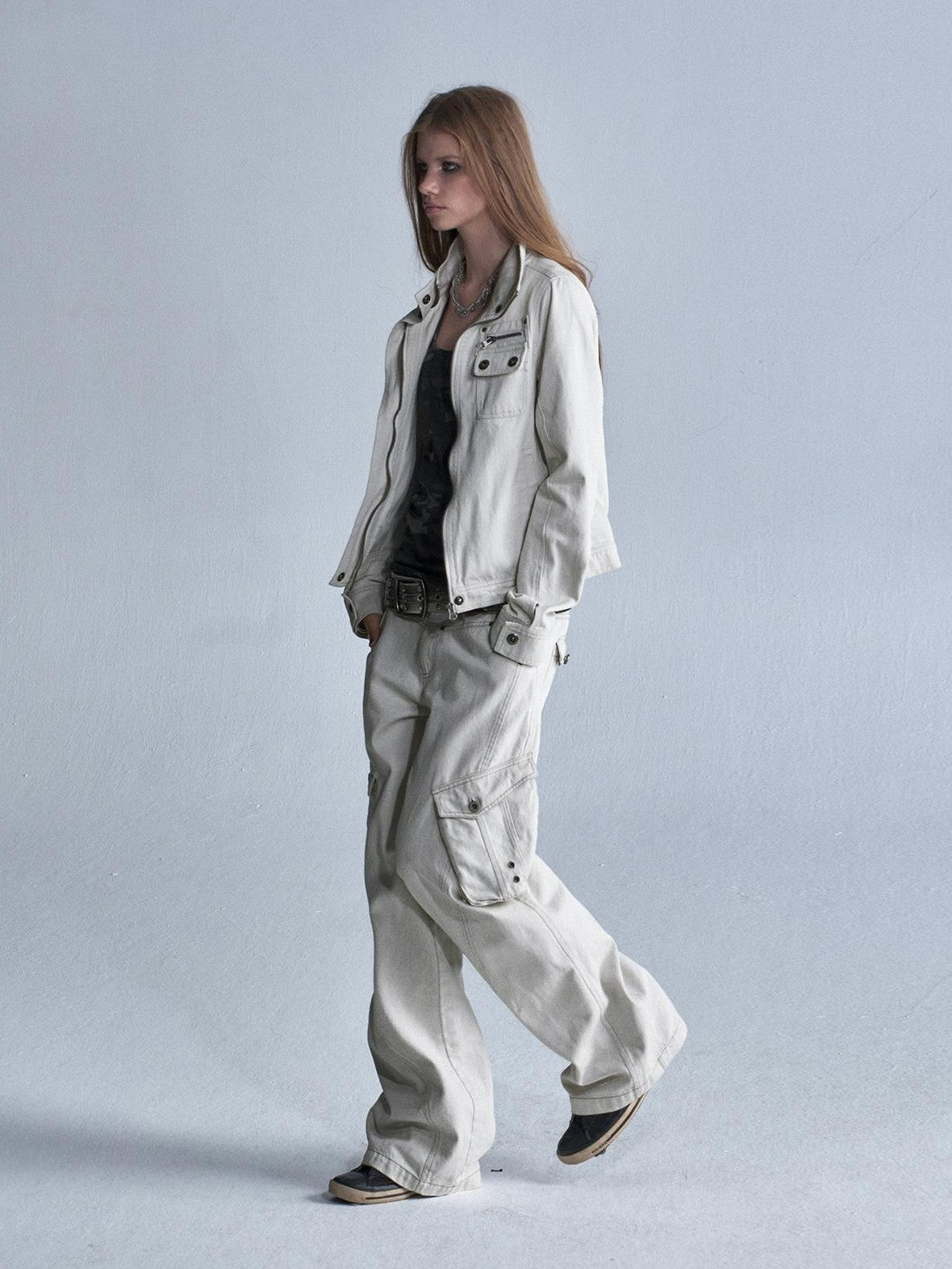 wear And tear Washed Gray Stand Collar Multi Pocket Rivet Zipper Women&