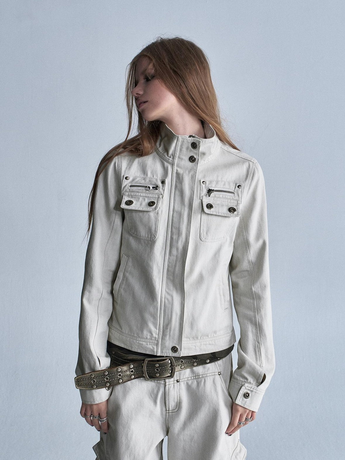 wear And tear Washed Gray Stand Collar Multi Pocket Rivet Zipper Women&