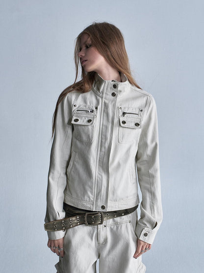wear And tear Washed Gray Stand Collar Multi Pocket Rivet Zipper Women&