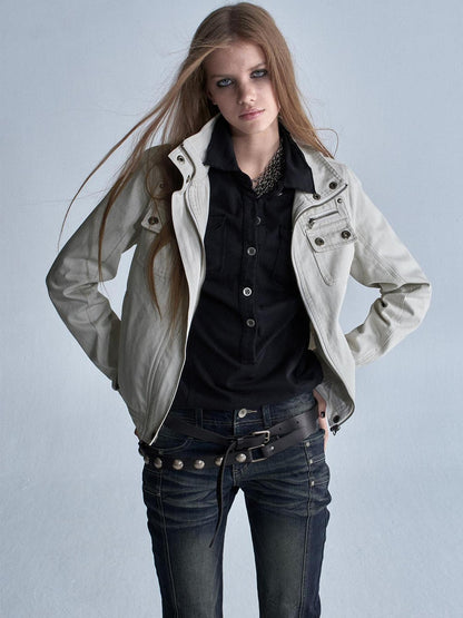 wear And tear Washed Gray Stand Collar Multi Pocket Rivet Zipper Women&