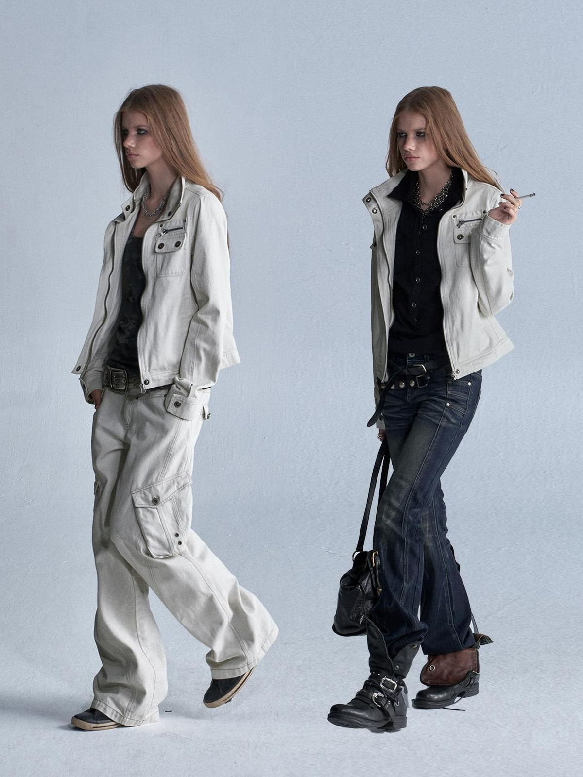 wear And tear Washed Gray Stand Collar Multi Pocket Rivet Zipper Women&
