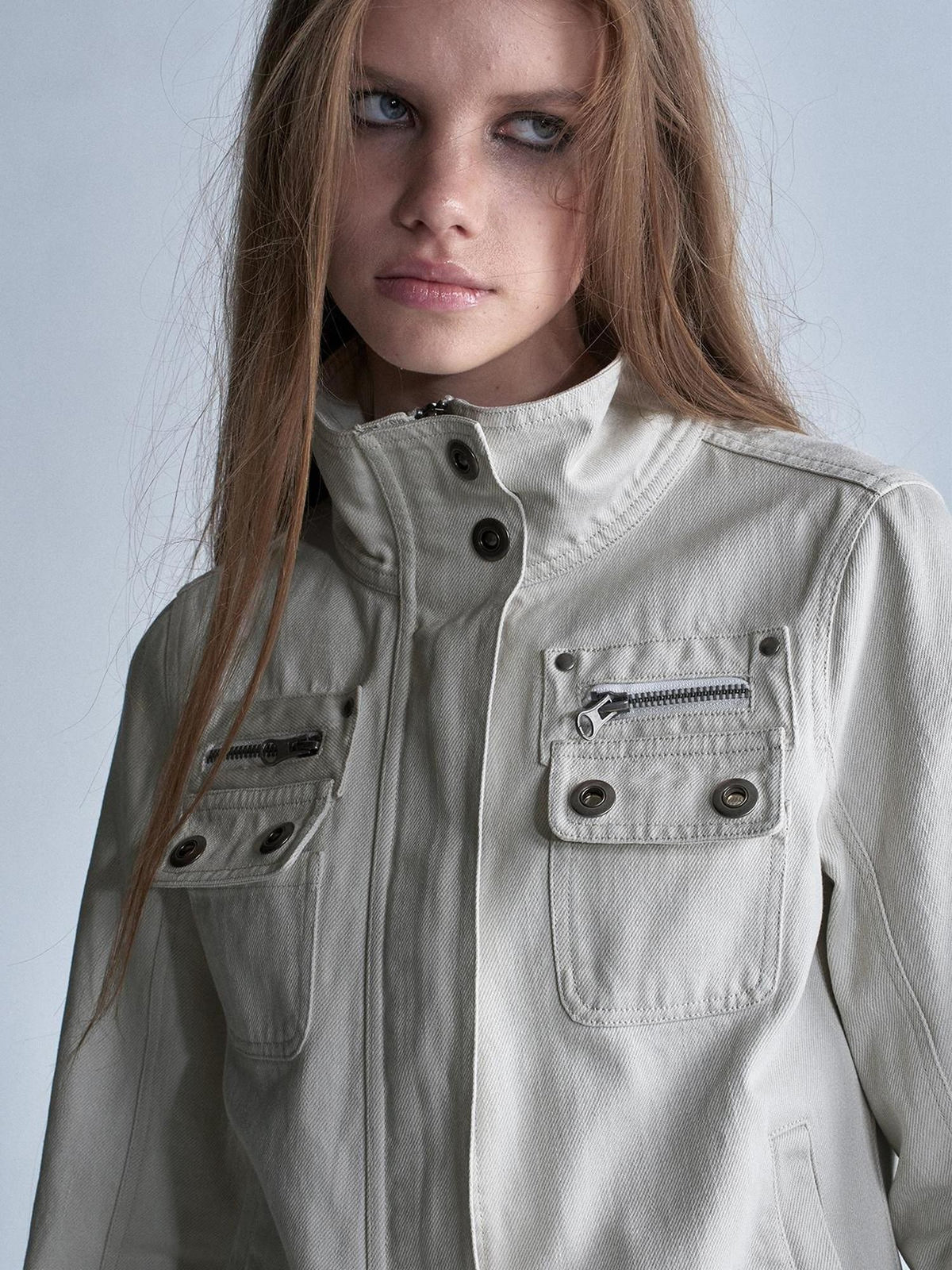 wear And tear Washed Gray Stand Collar Multi Pocket Rivet Zipper Women&