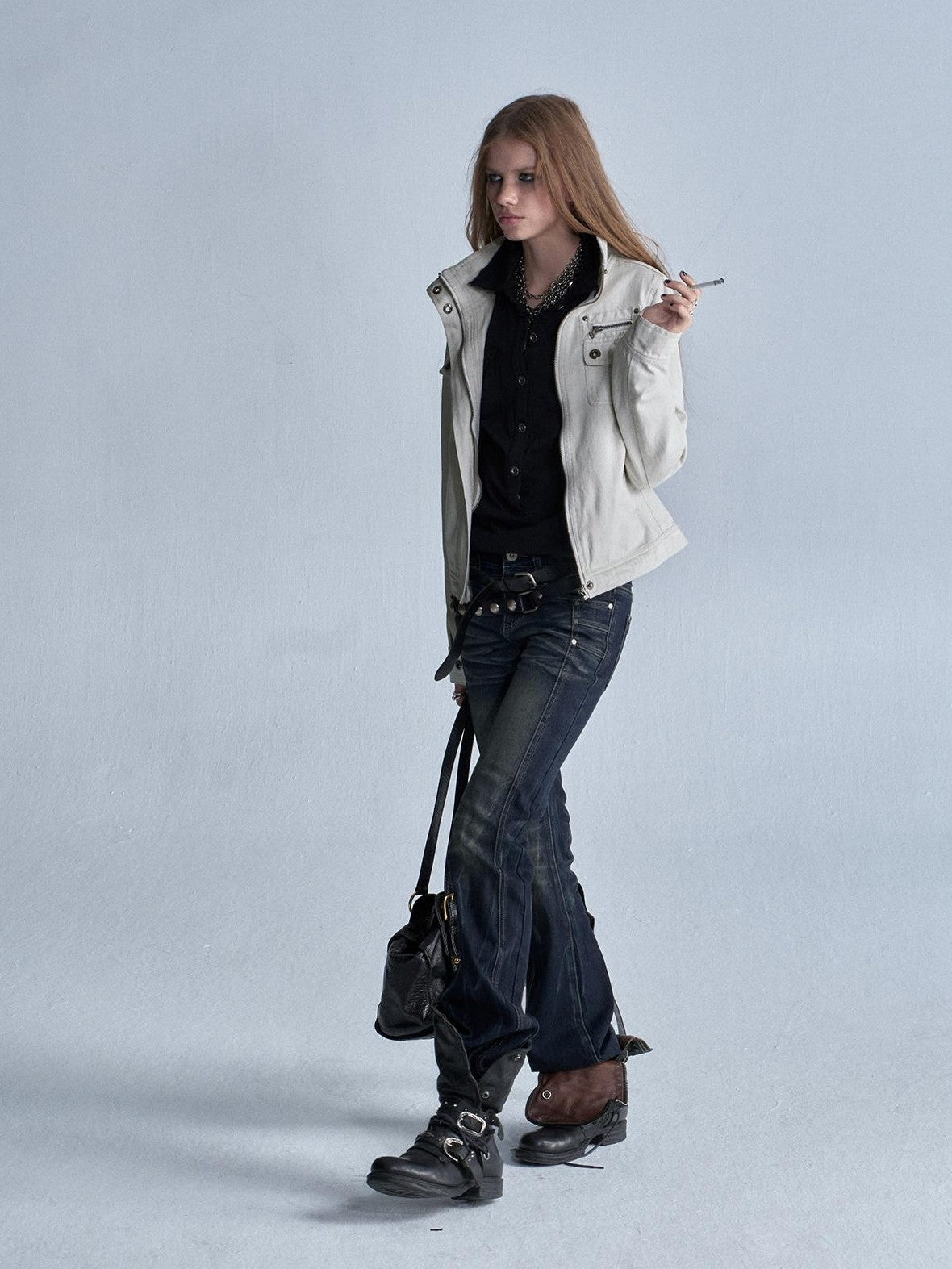 wear And tear Washed Gray Stand Collar Multi Pocket Rivet Zipper Women&