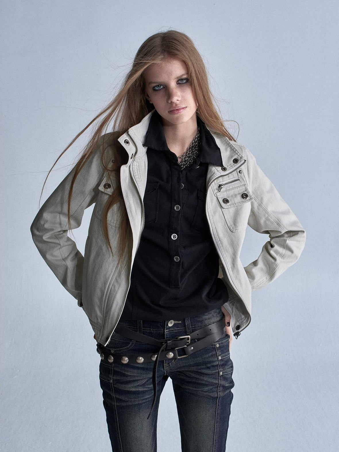 wear And tear Washed Gray Stand Collar Multi Pocket Rivet Zipper Women&