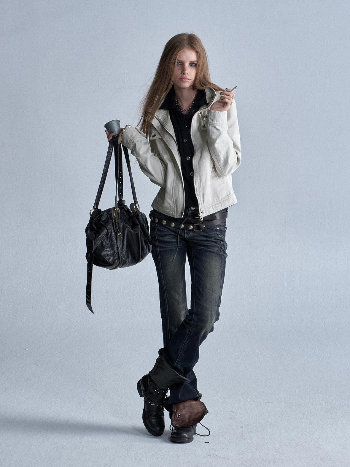 wear And tear Washed Gray Stand Collar Multi Pocket Rivet Zipper Women&