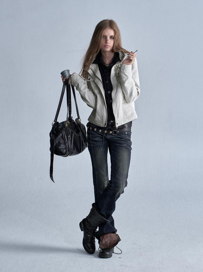 wear And tear Washed Gray Stand Collar Multi Pocket Rivet Zipper Women&