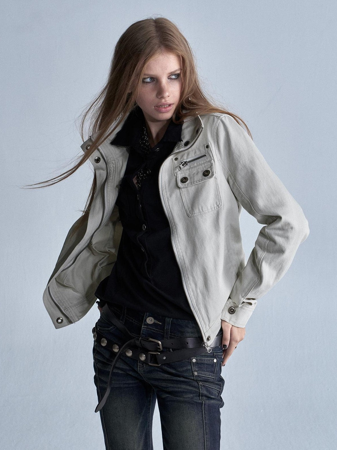 wear And tear Washed Gray Stand Collar Multi Pocket Rivet Zipper Women&