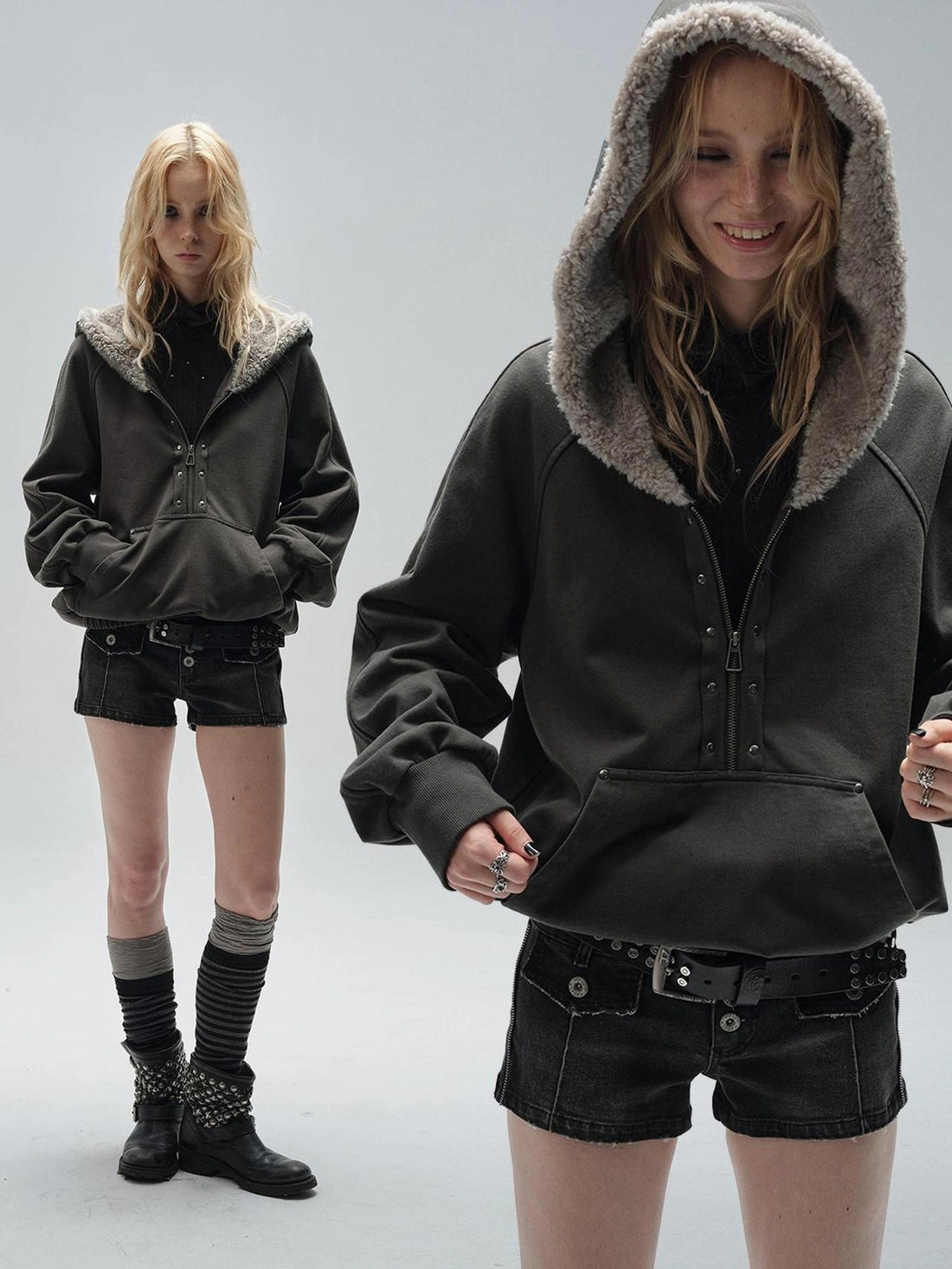 wear And tear Wear And Tear Fleece Hoodie With Snap Front And Studs