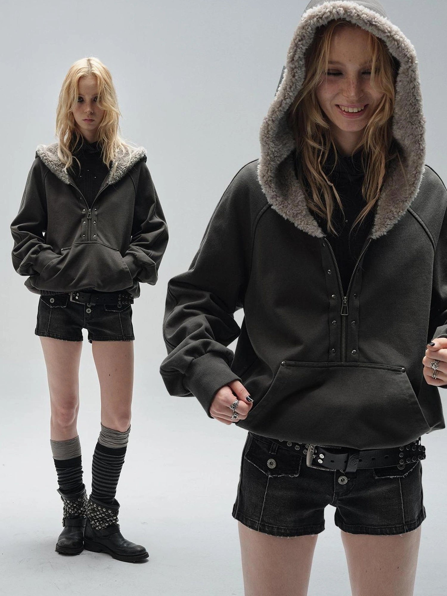 wear And tear Wear And Tear Fleece Hoodie With Snap Front And Studs
