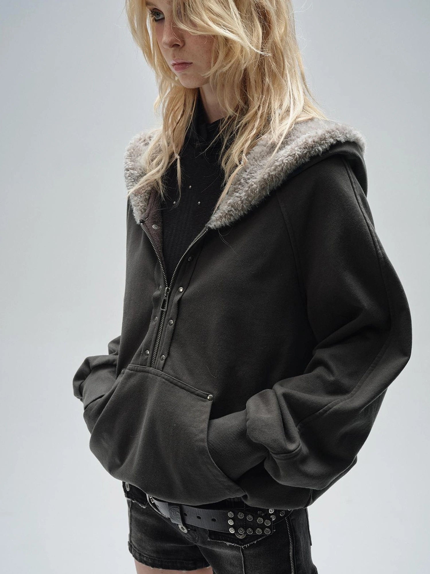 wear And tear Wear And Tear Fleece Hoodie With Snap Front And Studs