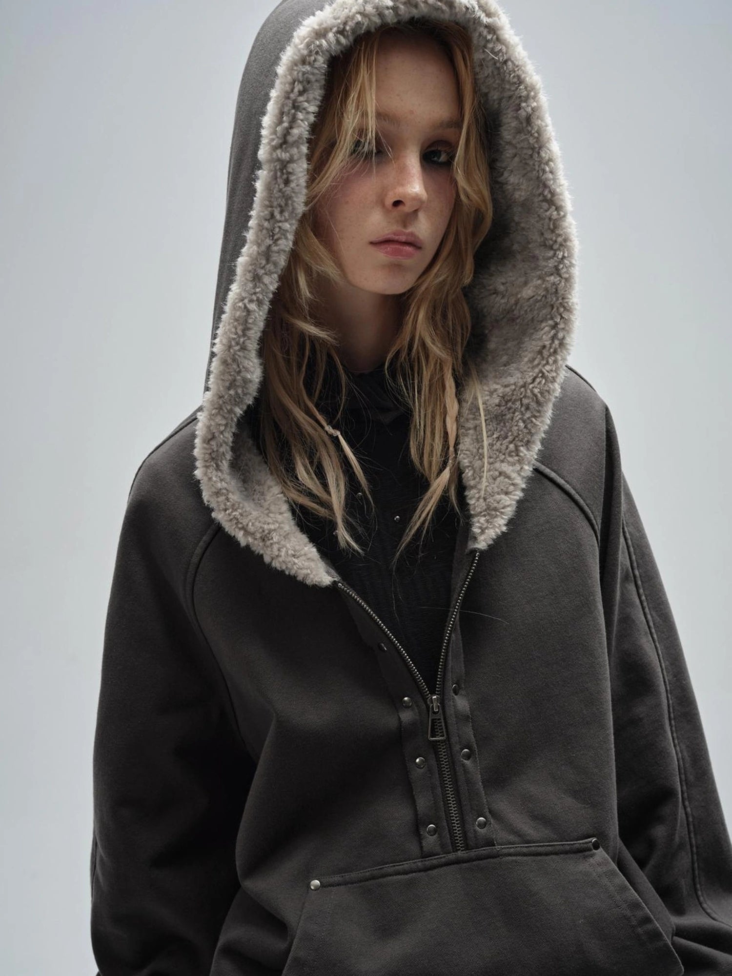 wear And tear Wear And Tear Fleece Hoodie With Snap Front And Studs