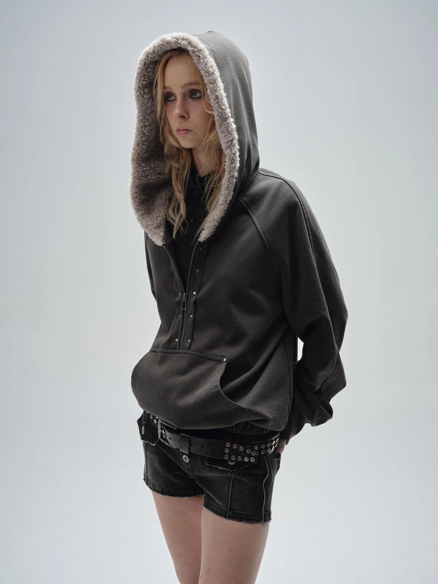 wear And tear Wear And Tear Fleece Hoodie With Snap Front And Studs