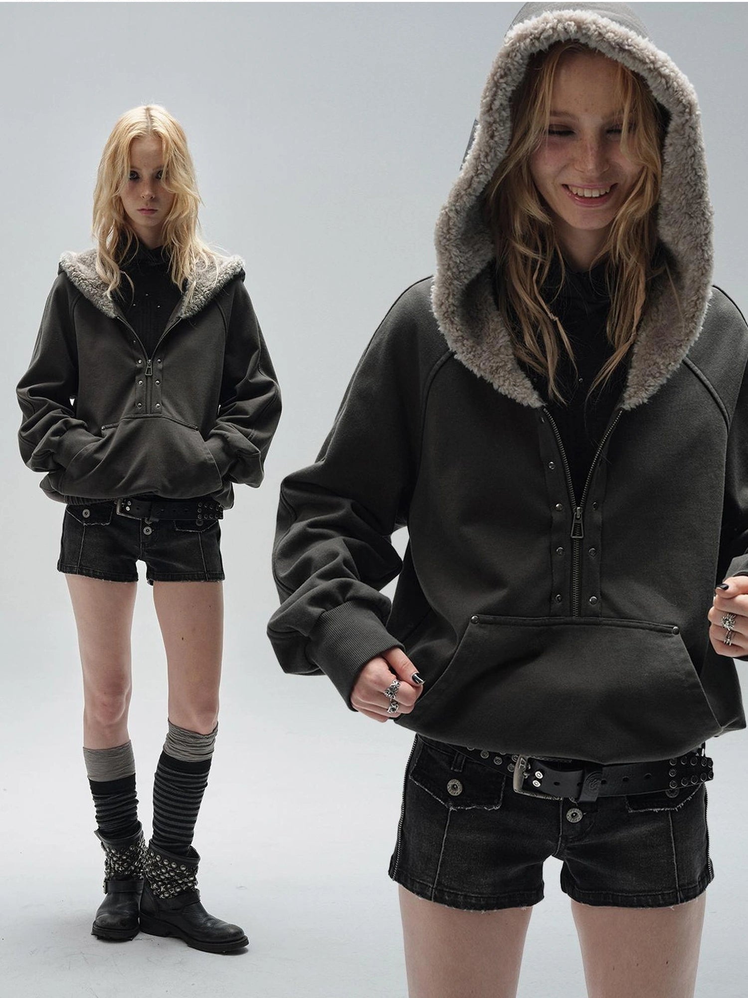 wear And tear Wear And Tear Fleece Hoodie With Snap Front And Studs