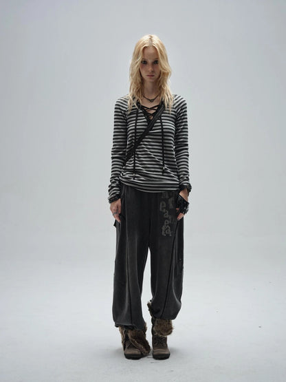 Wear And Tear Frayed Print Relaxed Washed Punk Cargo Pants