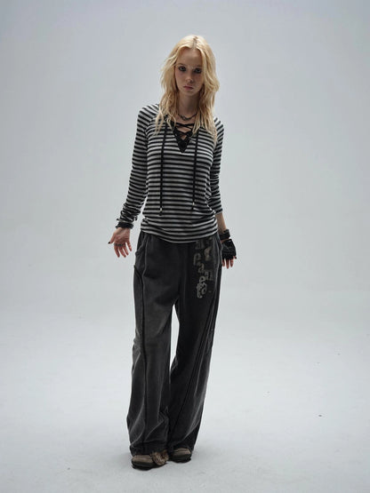 Wear And Tear Frayed Print Relaxed Washed Punk Cargo Pants