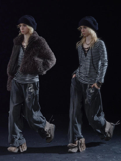 Wear And Tear Frayed Print Relaxed Washed Punk Cargo Pants