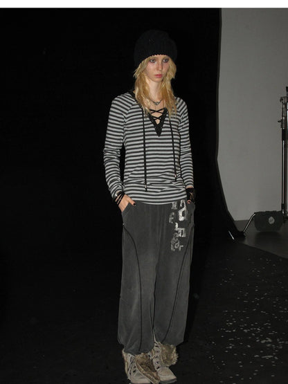 Wear And Tear Frayed Print Relaxed Washed Punk Cargo Pants