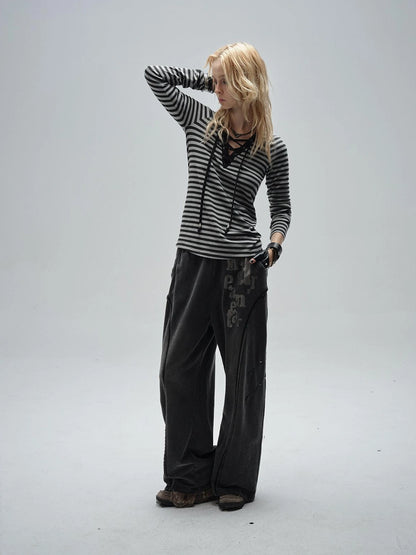 Wear And Tear Frayed Print Relaxed Washed Punk Cargo Pants