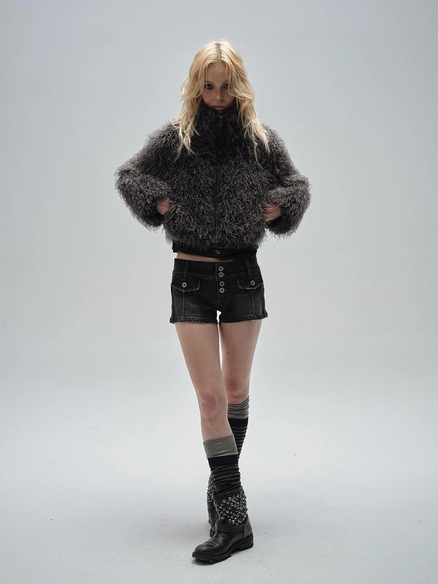 wear And tear Wear And Tear Grey Fleece Zip Up Cropped Jacket