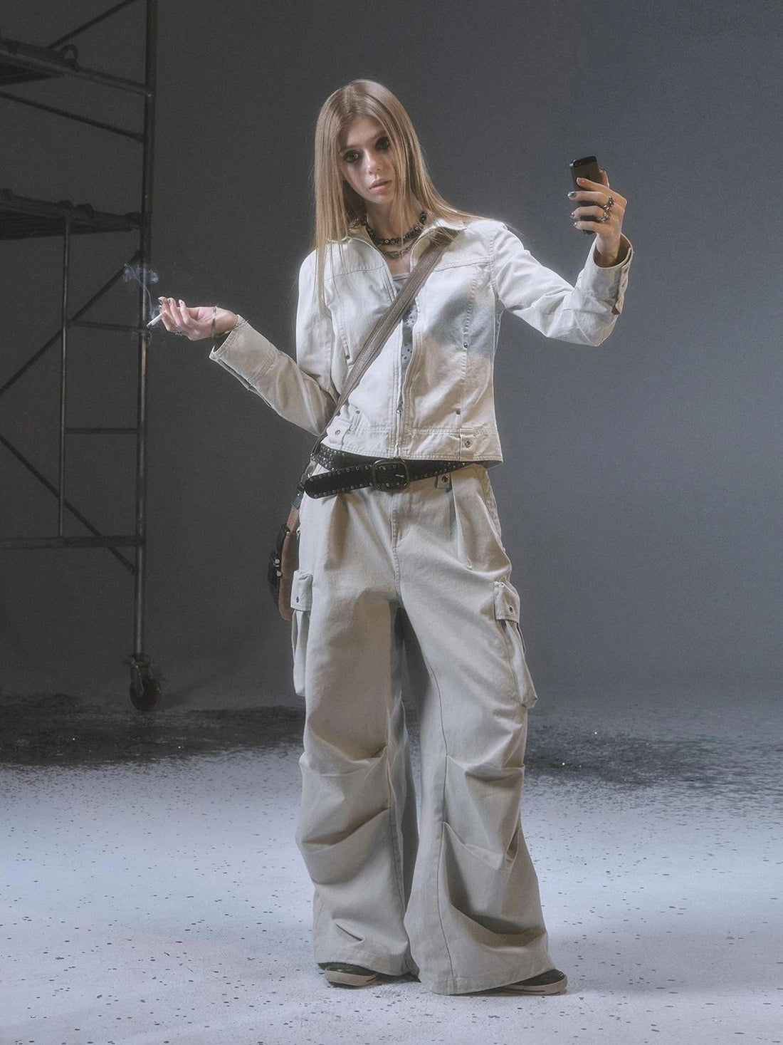 wear And tear Wide Leg Cargo Pants With Print Embroidery Studs