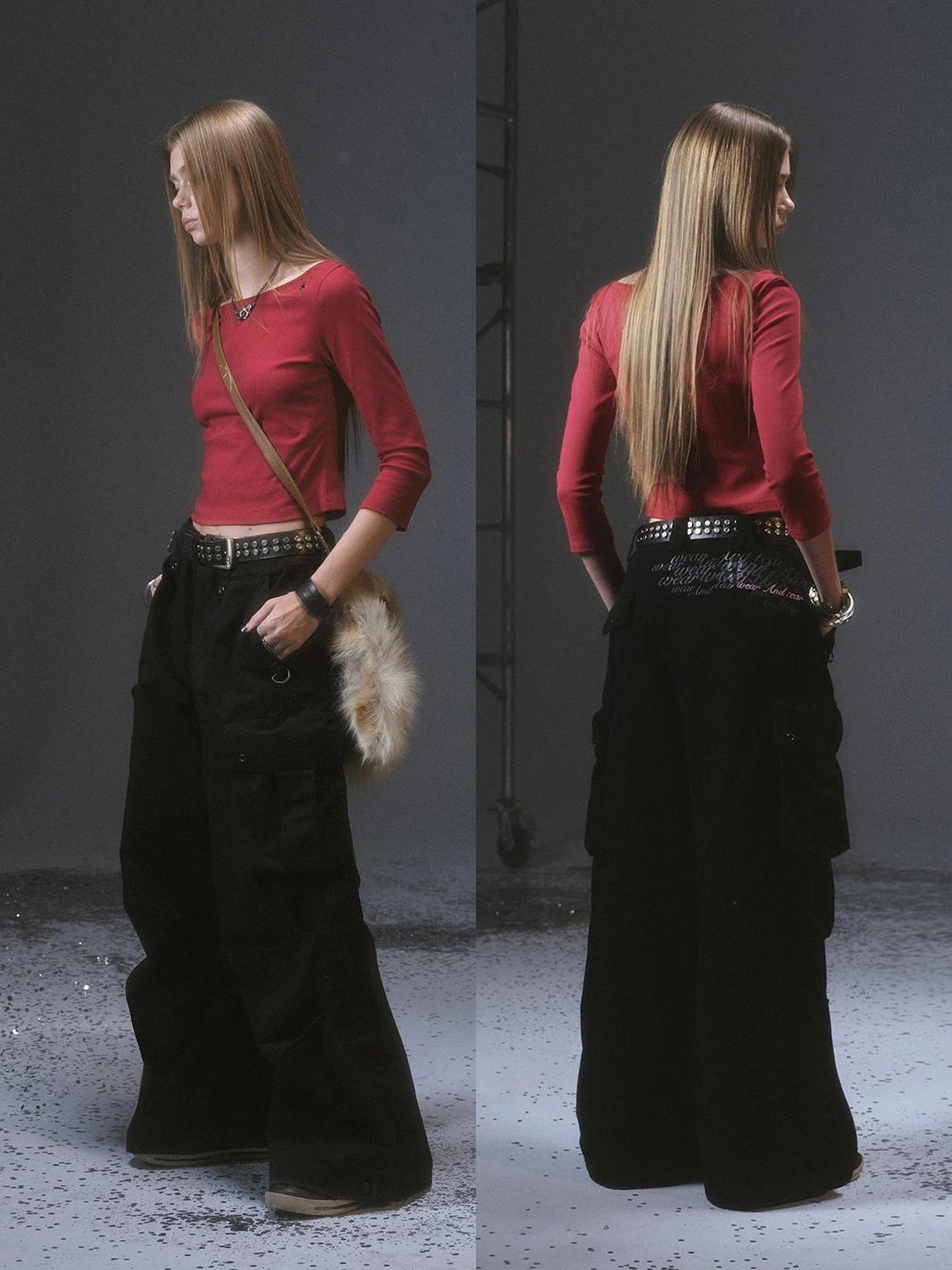 wear And tear Wide Leg Cargo Pants With Print Embroidery Studs