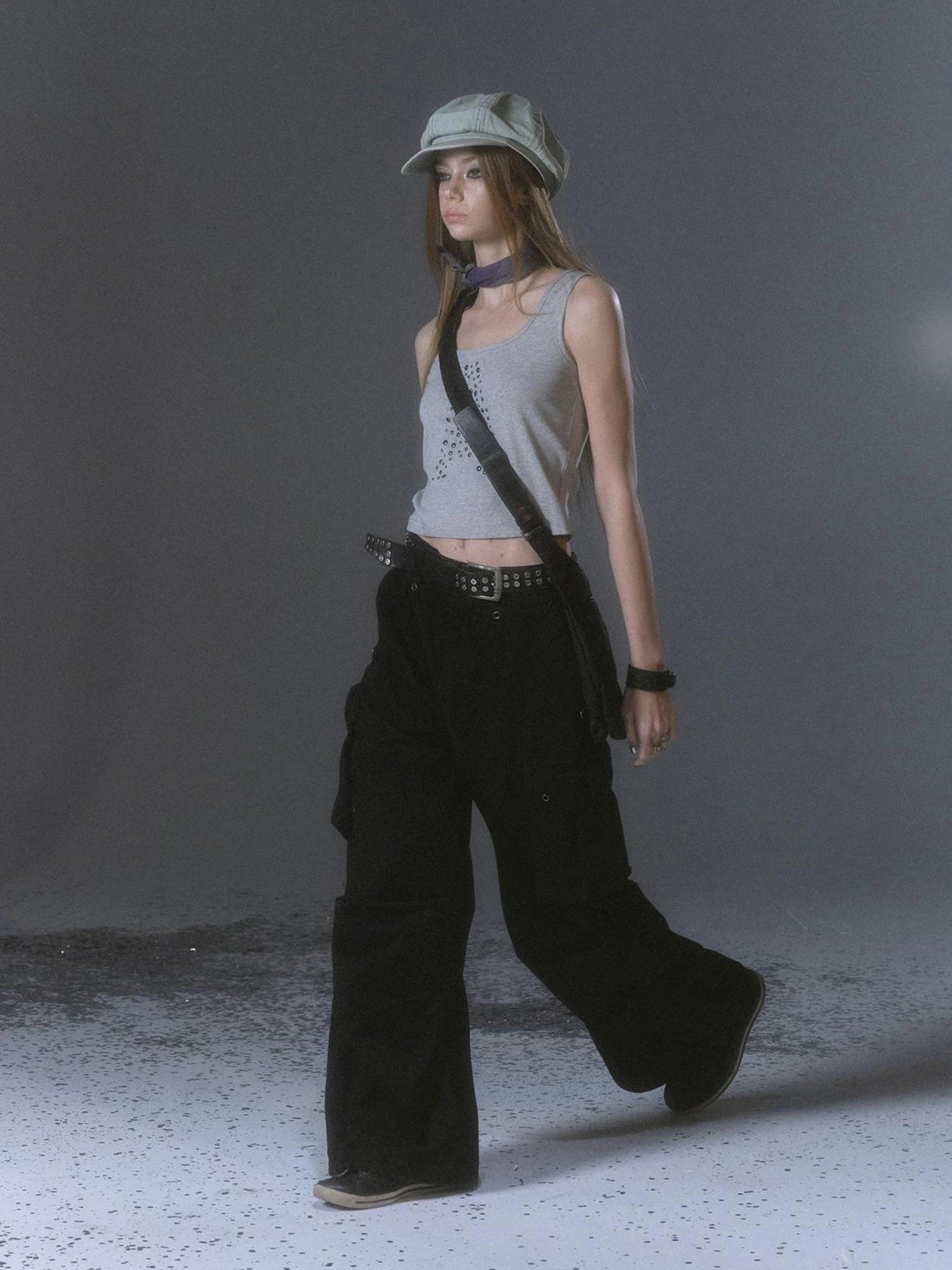 wear And tear Wide Leg Cargo Pants With Print Embroidery Studs