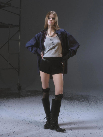 wear And tear Wool Blend Knit Shorts With Leather Trim