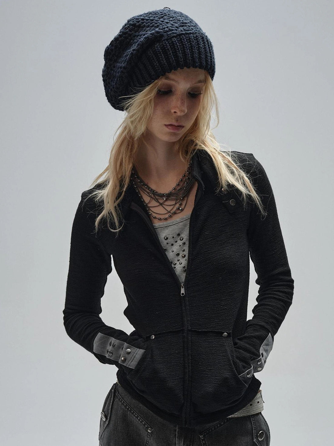 wear And tear Zipped Collar Black Textured Jacket With Studs