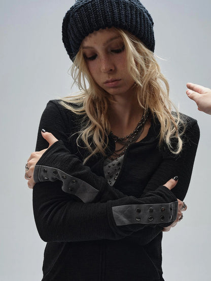 wear And tear Zipped Collar Black Textured Jacket With Studs