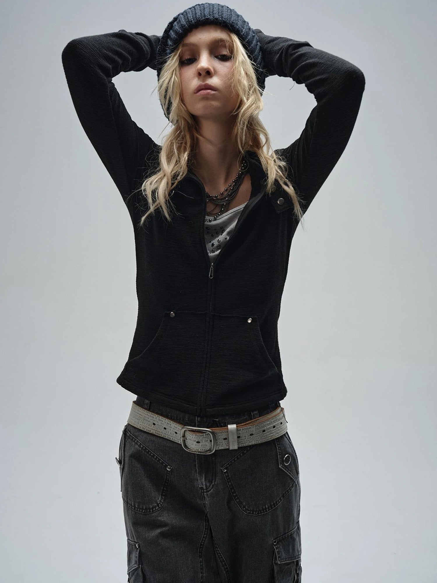 wear And tear Zipped Collar Black Textured Jacket With Studs