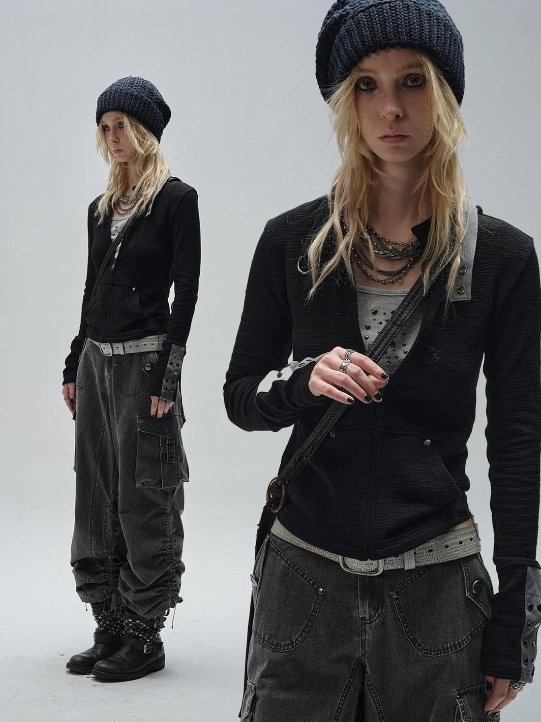 wear And tear Zipped Collar Black Textured Jacket With Studs