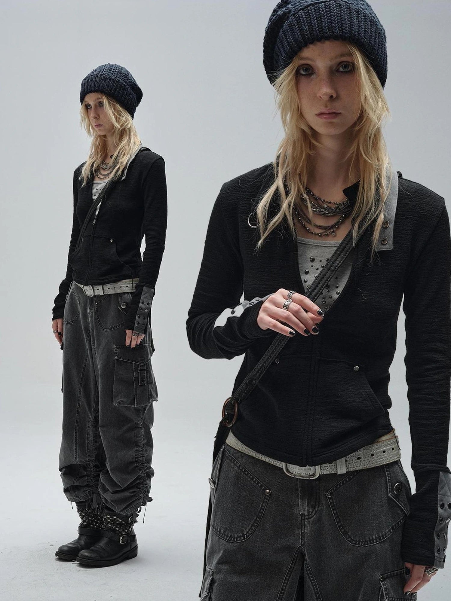 wear And tear Zipped Collar Black Textured Jacket With Studs