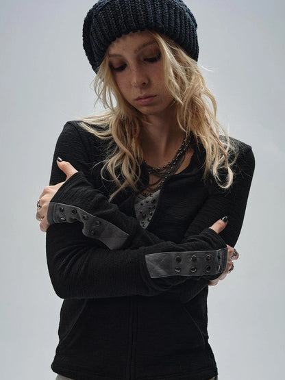 wear And tear Zipped Collar Black Textured Jacket With Studs