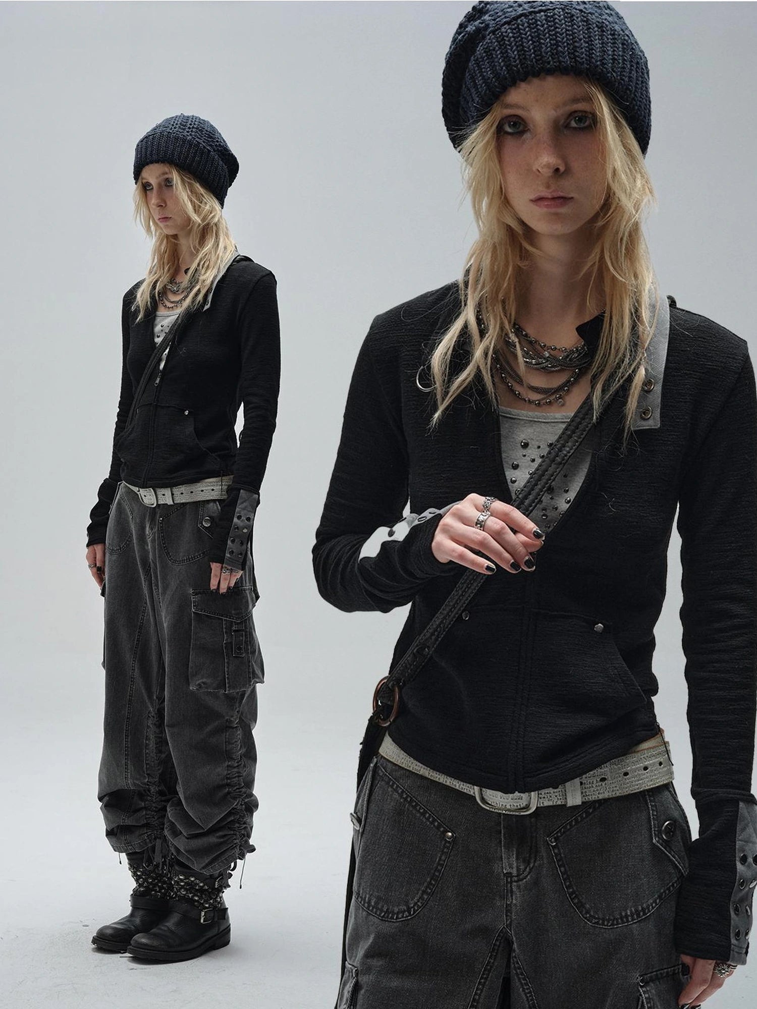 wear And tear Zipped Collar Black Textured Jacket With Studs