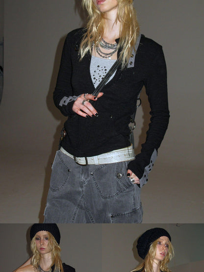 wear And tear Zipped Collar Black Textured Jacket With Studs