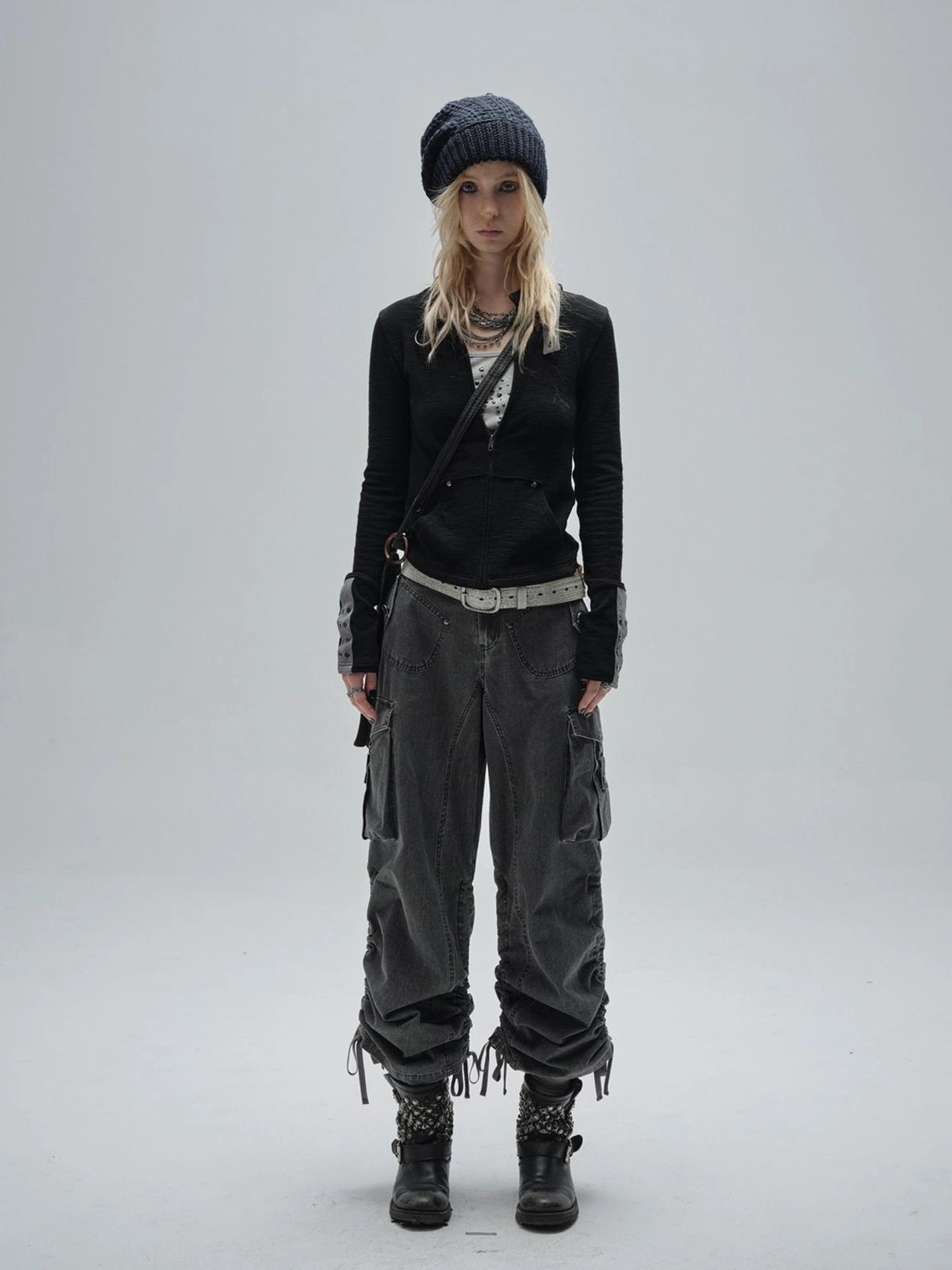 wear And tear Zipped Collar Black Textured Jacket With Studs