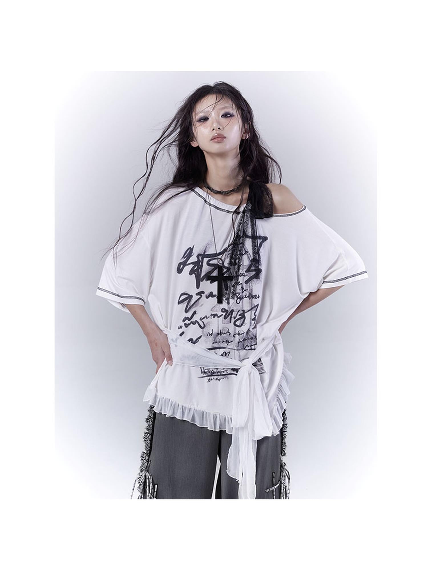 WSW WUSHENWU Ethereal Mesh Sleeve Ruffle Hem Cotton Tee For Versatile Styling