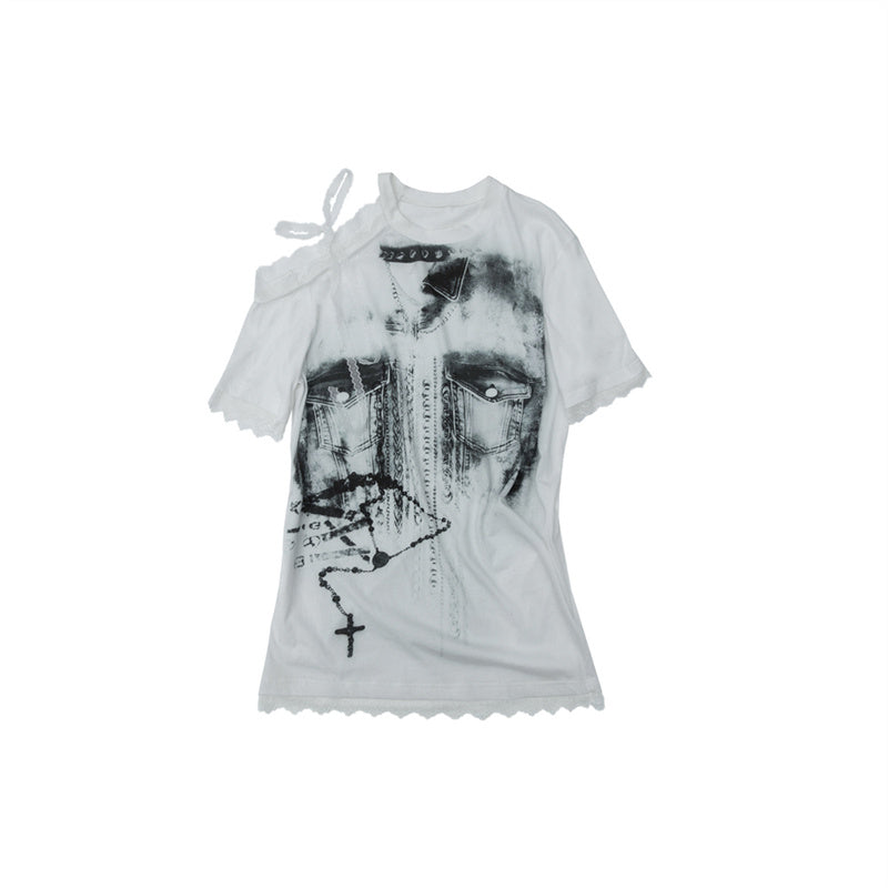 NO ROMANCE Oversized Off Shoulder Lace Print Summer T-Shirt Women