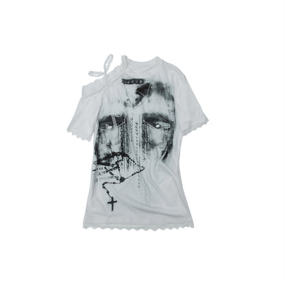 NO ROMANCE Oversized Off Shoulder Lace Print Summer T-Shirt Women
