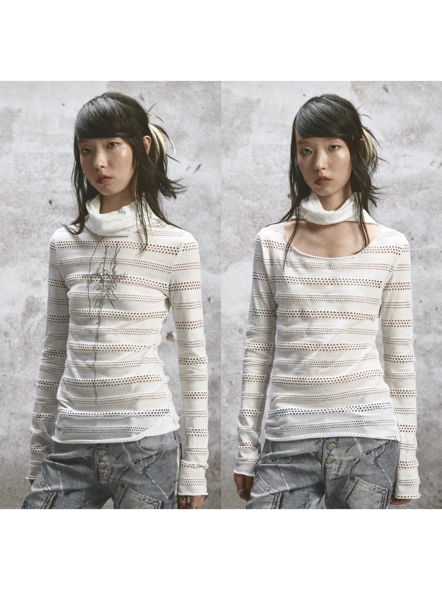 Double Layered Elastic Print Crewneck Long Sleeve Tee