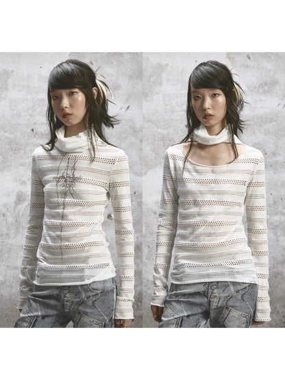 Double Layered Elastic Print Crewneck Long Sleeve Tee