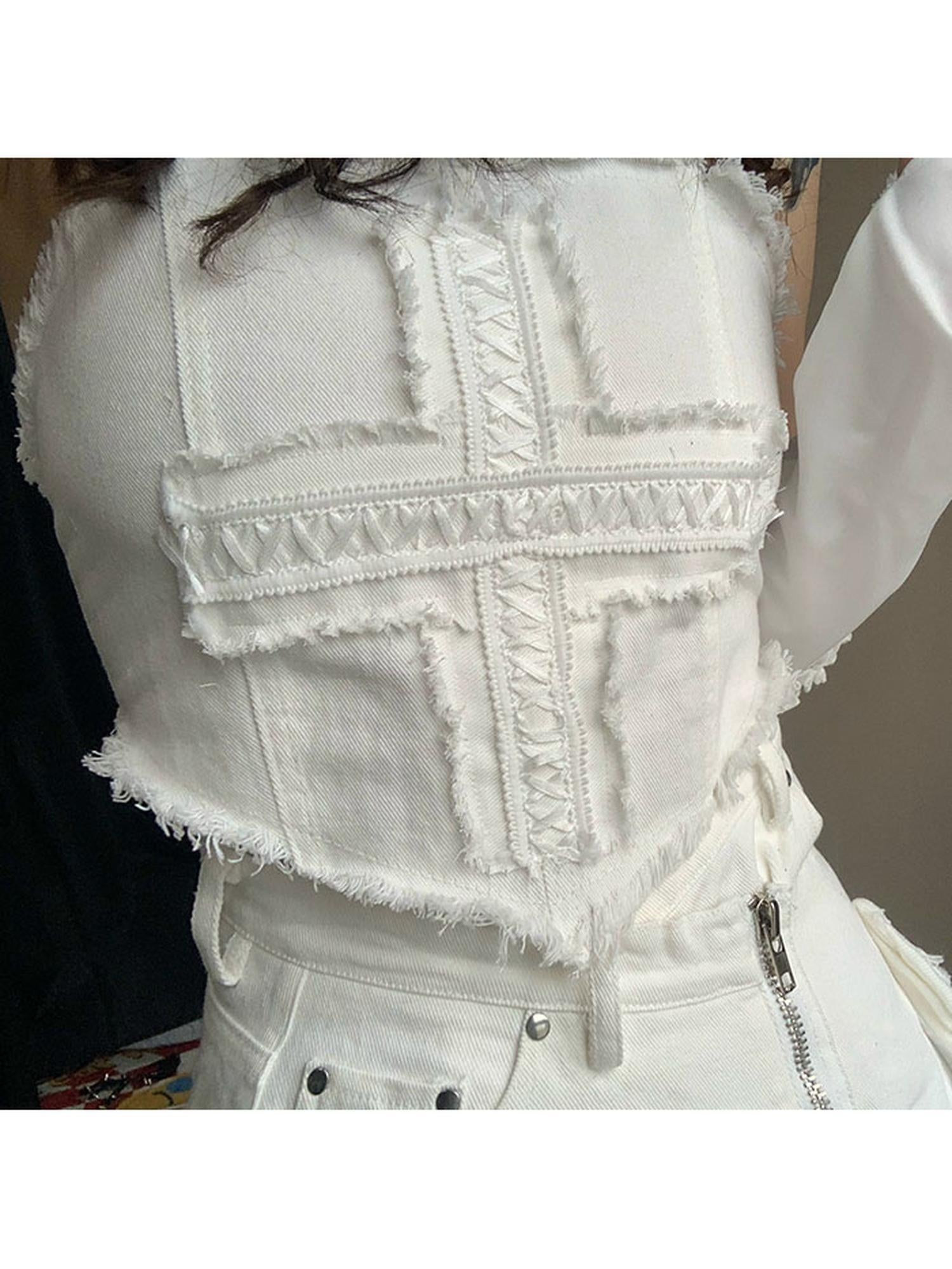 WSW WUSHENWU Cross Lace Sleeveless Cowgirl Denim Crop Top