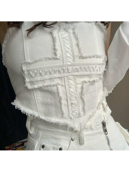 WSW WUSHENWU Cross Lace Sleeveless Cowgirl Denim Crop Top