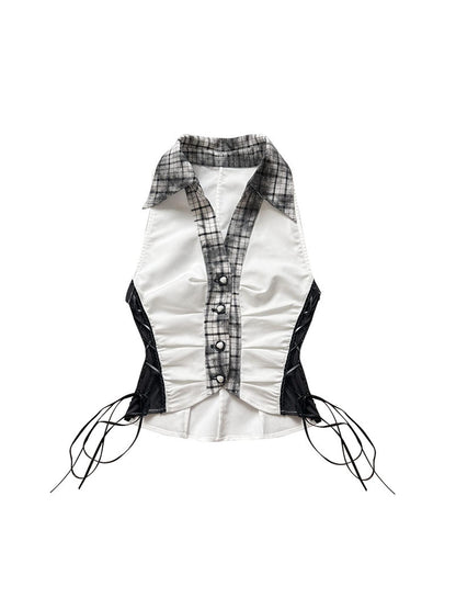 WSW WUSHENWU Slim Fit Checkered Spliced Shirt With Contrast Detailing